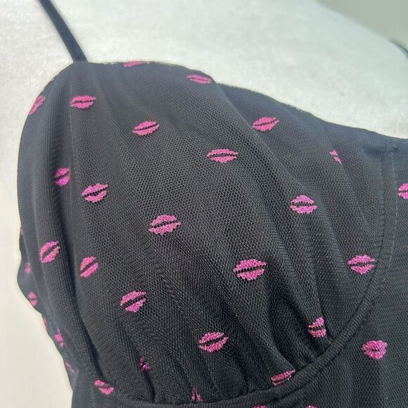 Betsey Johnson Vintage Black Mesh Midi Dress Pink Lip Fairy Goth Y2K Size 8 - Picture 4 of 14